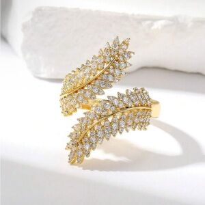 Gilded Gold Cubic Zirconia Leaf Ring